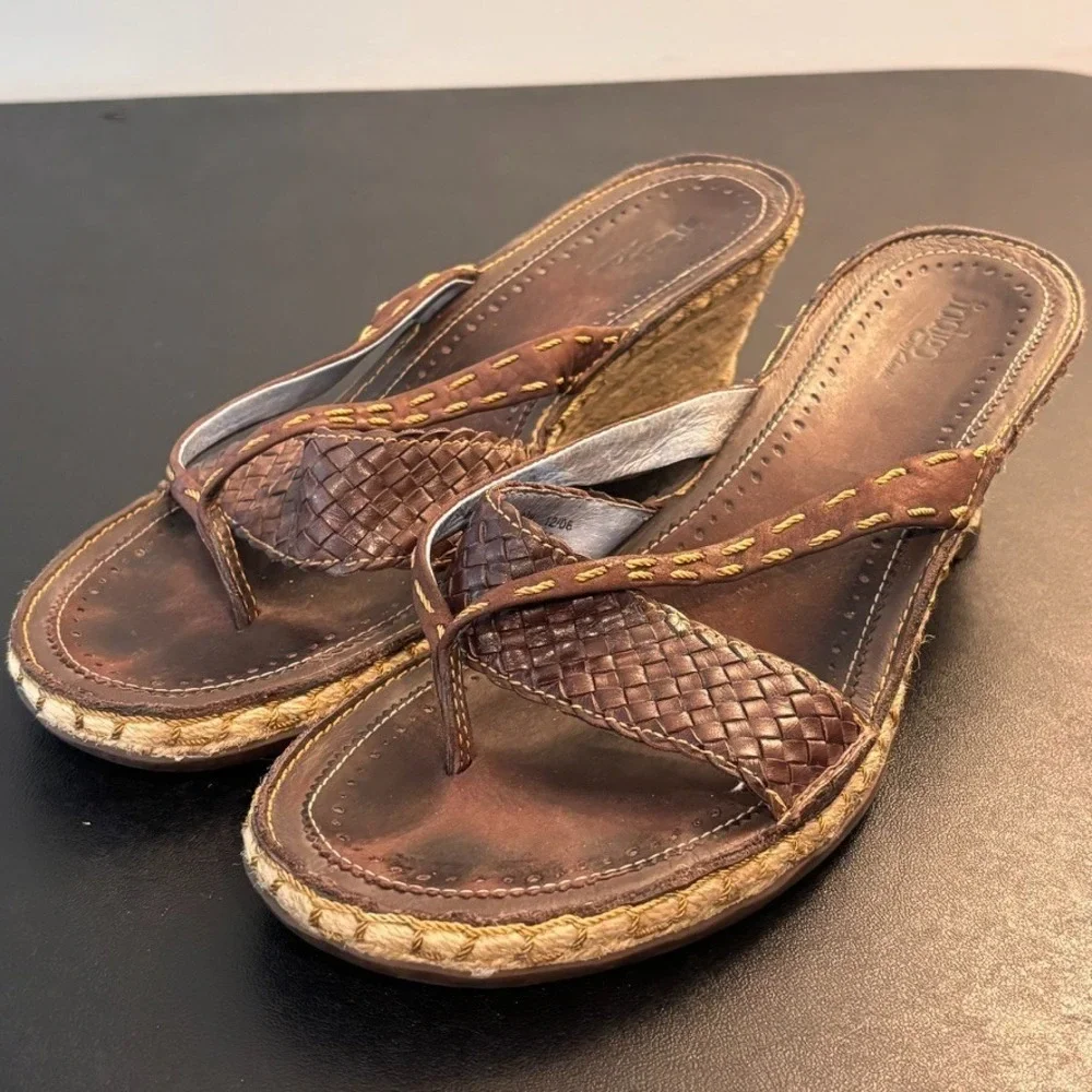 Indigo by Clarks Braided Leather Espadrille Slip on Sandal Heels sz 9 1/2 M Y2K
